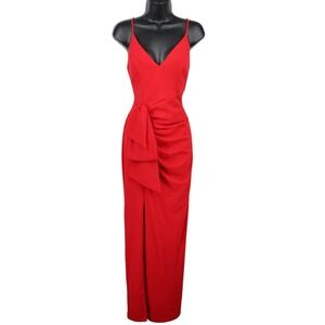 Xscape 4542X Red Ruched Slit Gown NWT V Neck Spaghetti Strap Formal Dress